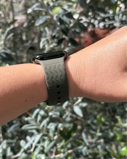 Olive Keffiyeh Apple Watch band by zamani, worn by a customer