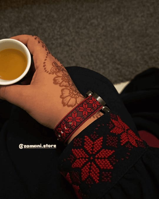 Tatreez Apple Watch band by zamani, worn by a customer