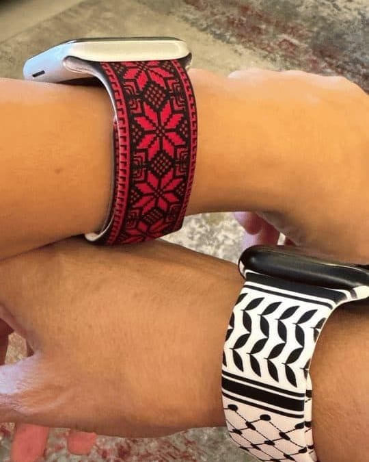 Tatreez and Keffiyeh Apple Watch band by zamani, worn by a customer